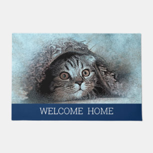 Custom Foto Cat Kitty Begrüßung Zuhause navy Blau Fußmatte