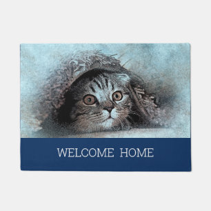 Custom Foto Cat Kitty Begrüßung Zuhause navy Blau Fußmatte
