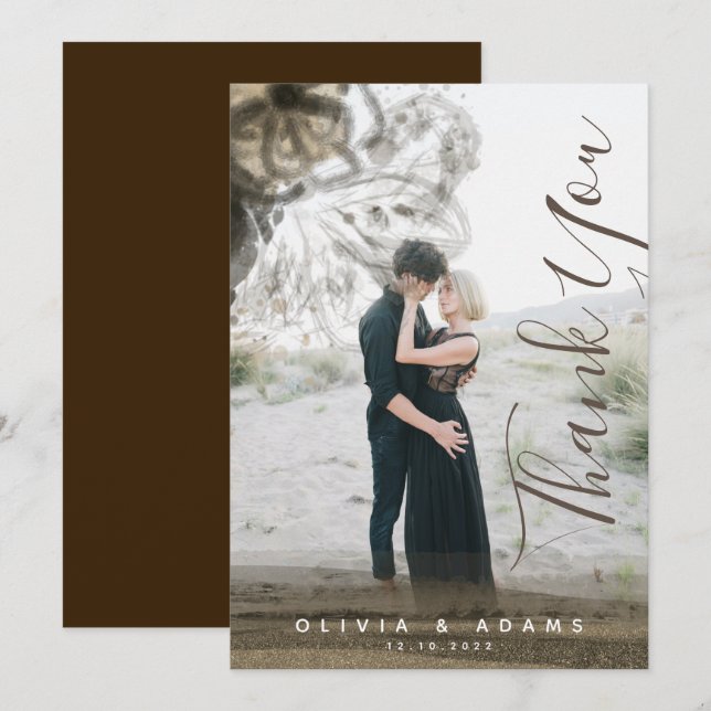 Custom Foto Chic Gold Floral Abstrakt Hochzeit Dankeskarte (Vorne/Hinten)