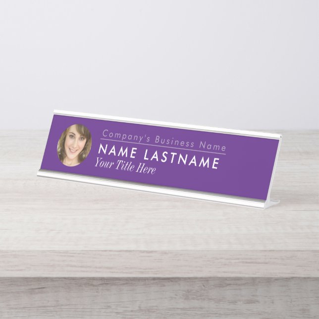 Custom Foto Chic Lila Business Elegante Moderne Schreibtischnamensplakette (Vorderseite )