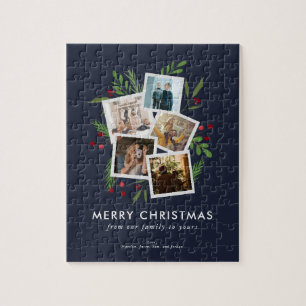 Custom Foto Christmas Collage Modern Holly Navy