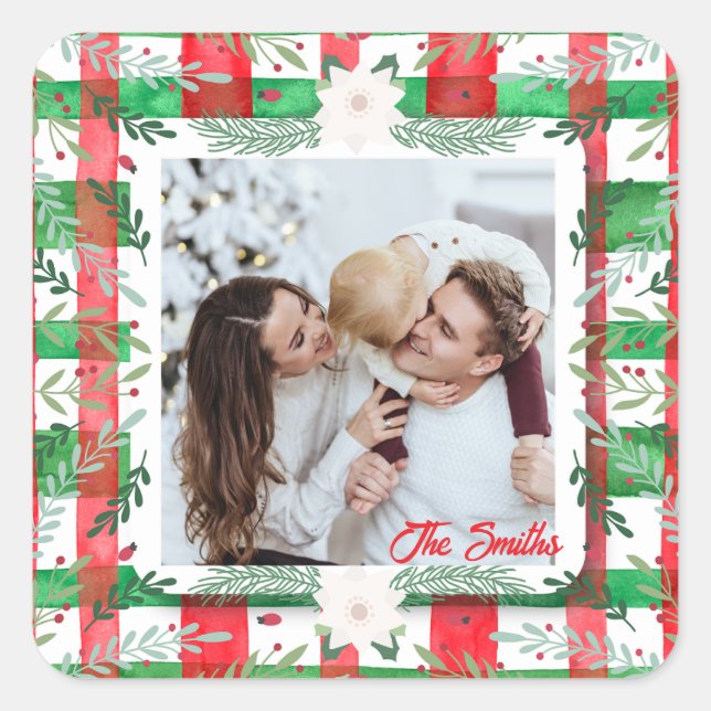 Custom Foto Christmas Personalisiert Familienname Quadratischer Aufkleber (Vorderseite)