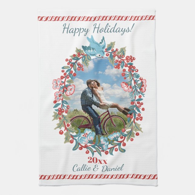 Custom Foto Christmas Wreath Couple neu Geschirrtuch (Vertikal)