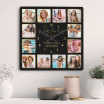 Custom Foto Collage Best Friends Forever Quote Quadratische Wanduhr<br><div class="desc">Machen Sie diese trendige,  elegante Schwarz-Gold-Foto-Collage Wanduhr einzigartig mit 12 Ihrer Lieblings-Fotos mit Ihrem besten Freund(en). Das Design enthält auch ein modernes,  handgeschriebenes Skript "Best Friends Forever" und ein wunderschönes individualisierbares Zitat "You are the sister I got to choice".</div>