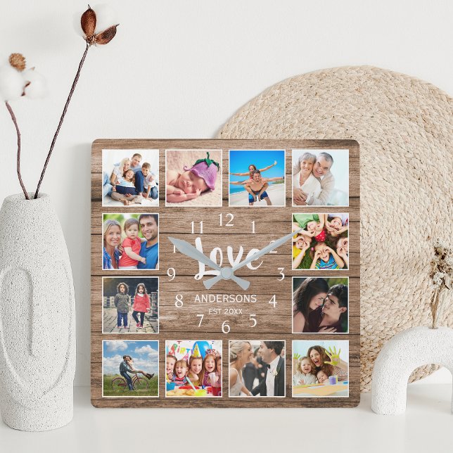 Custom Foto Collage Family Liebe Script Wood Quadratische Wanduhr (Von Creator hochgeladen)