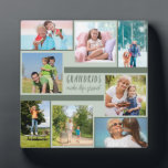 Custom Foto Collage für Großeltern Square Fotoplatte<br><div class="desc">Erstellen Sie Ihre eigene FotoCollage auf dieser hübschen Plakette mit Ständer aus der Stange. Die Fotovorlage ist für Sie bereit, um 8 Ihrer Lieblingsfotografie hinzuzufügen, die Set-weit von oben links. Das Design enthält die Formulierung "Grandkids make life grand" in handwerklicher Typografie und eine stilvolle Farbpalette aus dunkelweiss grün und silbergrün....</div>
