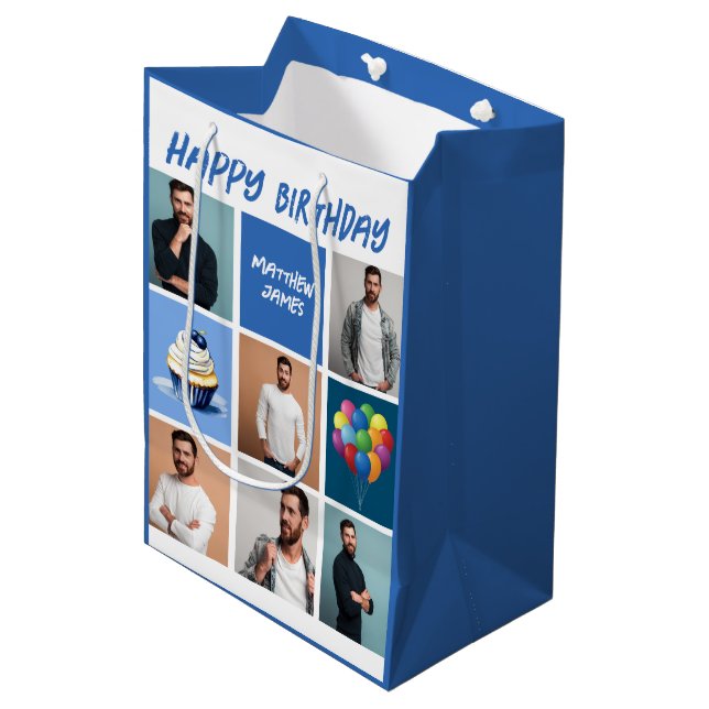 Custom Foto Collage personalisierte Blue Birthday Mittlere Geschenktüte (Vorderseite Schrägansicht)