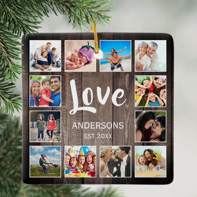 Custom Foto Collage Rustic Farmhouse Love Family Keramikornament (Von Creator hochgeladen)