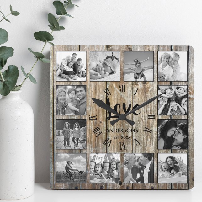 Custom Foto Collage Rustic Farmhouse Love Family Quadratische Wanduhr (Von Creator hochgeladen)