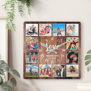 Custom Foto Collage Rustic Farmhouse Love Family Quadratische Wanduhr