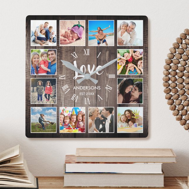 Custom Foto Collage Rustic Farmhouse Love Family Quadratische Wanduhr (Von Creator hochgeladen)