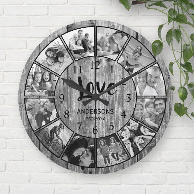Custom Foto Collage Rustic Farmhouse Love Family Runde Wanduhr (Von Creator hochgeladen)