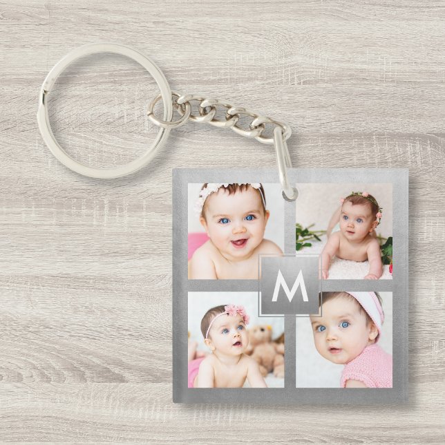 Custom Foto Collage Silver Monogram Baby Family Schlüsselanhänger (Von Creator hochgeladen)