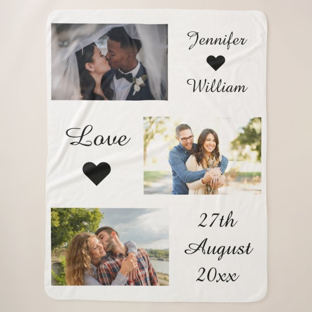 Custom Foto Collage Wedding Date Liebe White Sherpadecke (Vorderseite)