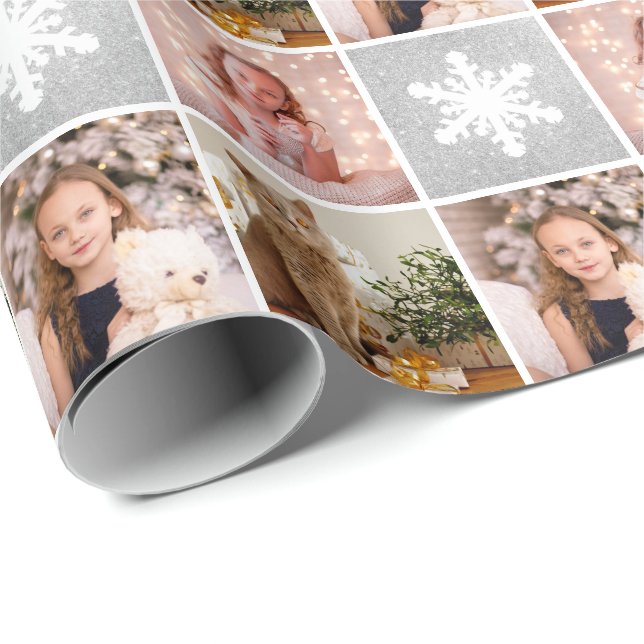 Custom Foto Collage Weihnachten Silberschneeflocke Geschenkpapier (Rolleneckpunkt)