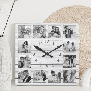 Custom Foto Collage White Elegant Holz Familie Quadratische Wanduhr