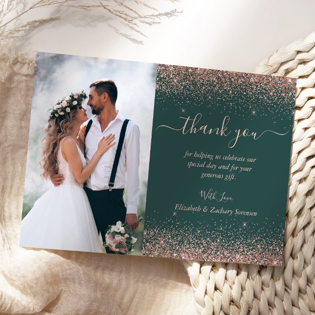 Custom Foto Dark Green Rose Gold Glitzer Hochzeit Dankeskarte (Von Creator hochgeladen)