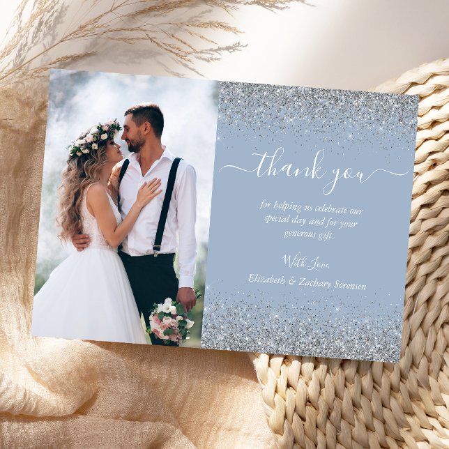 Custom Foto Dusty Blue Silver Glitzer Wedding Dankeskarte (Von Creator hochgeladen)