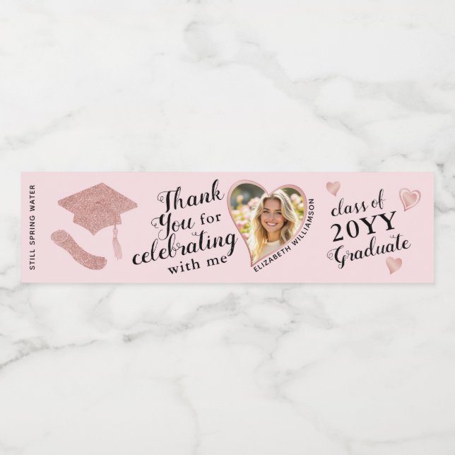 Custom Foto Eleganter Rosa Abschluss Vielen Dank (Einzelnes Label)