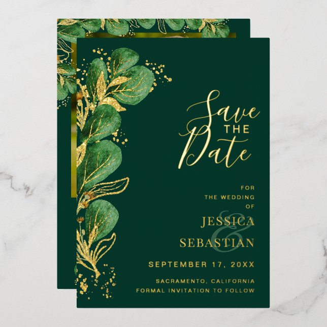 Custom Foto Emerald Green & Gold Eucalyptus Folieneinladung (Vorderseite/Rückseite)