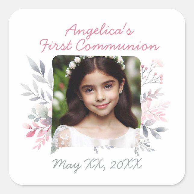 Custom Foto Floral First Communation Quadratischer Aufkleber (Vorderseite)