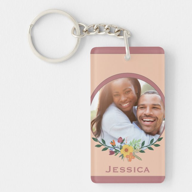 Custom Foto floral Pink Personalisiert Schlüsselanhänger (Vorderseite)
