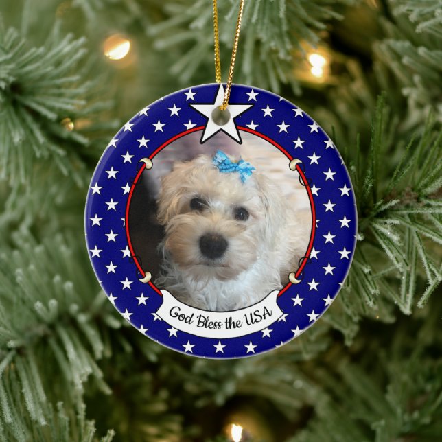 Custom Foto Frame USA American Flag Patriotic Fun Keramik Ornament (Baum)