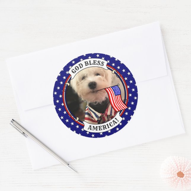 Custom Foto Frame USA American Flag Patriotic Fun Runder Aufkleber (Umschlag)