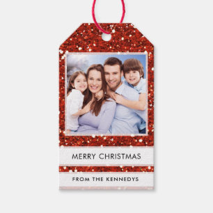 Custom Foto Frohe Weihnachten Roter Glitzer Geschenkanhänger