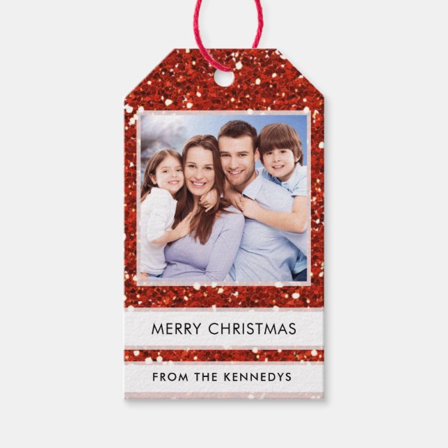 Custom Foto Frohe Weihnachten Roter Glitzer Geschenkanhänger (Vorderseite)