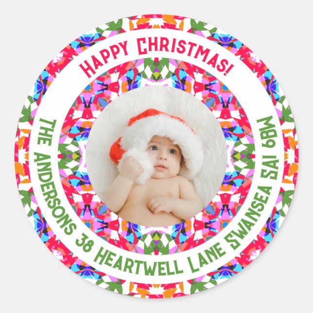 Custom Foto Frohes Weihnachts-farbige Adresse Runder Aufkleber (Vorderseite)