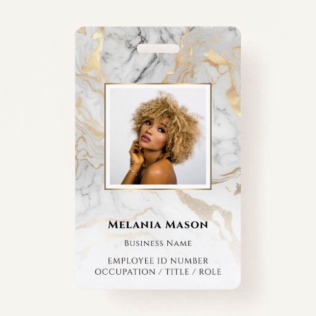 Custom Foto Gold Weißer Marmor Elegante Mitarbeite Ausweis (Vorderseite)