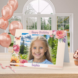 Custom Foto Happy Birthday Hübsch Floral Elegant Karte