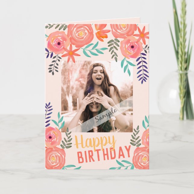 Custom Foto "Happy Birthday" Pink Coral Roses Karte (Vorderseite)