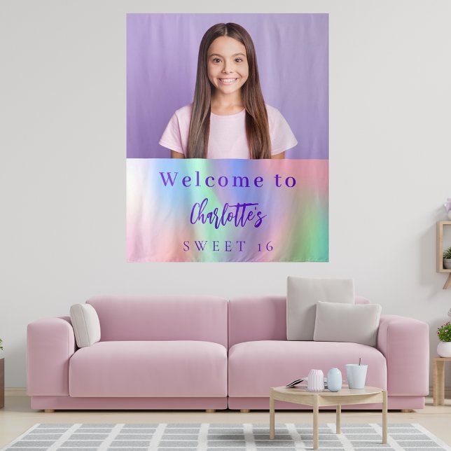 Custom Foto holografische Sweet 16 Party willkomme Wandteppich (Von Creator hochgeladen)