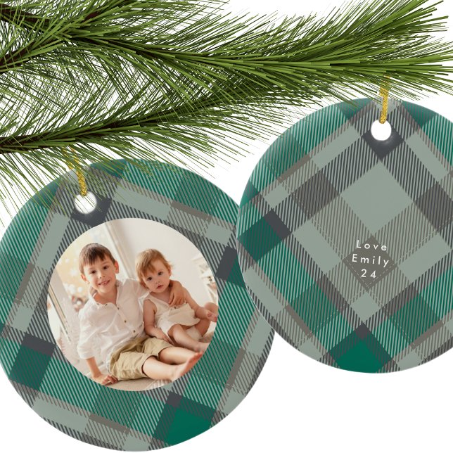Custom Foto Kariert Green Elegante Weihnachtsfeier Keramik Ornament (Von Creator hochgeladen)
