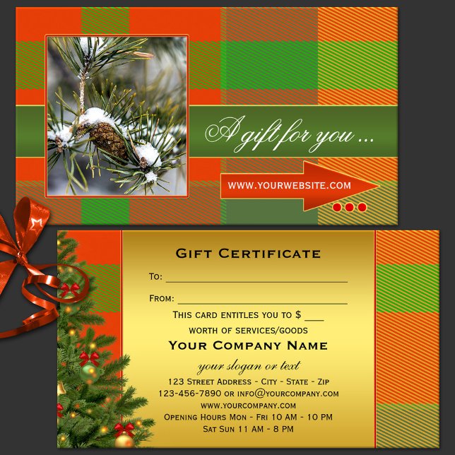 Custom Foto Kariert Weihnachtsgeschenkzertifikat Rabattkarte (Classic green red plaid business card size Christmas  gift certificate showing your photo with gold)