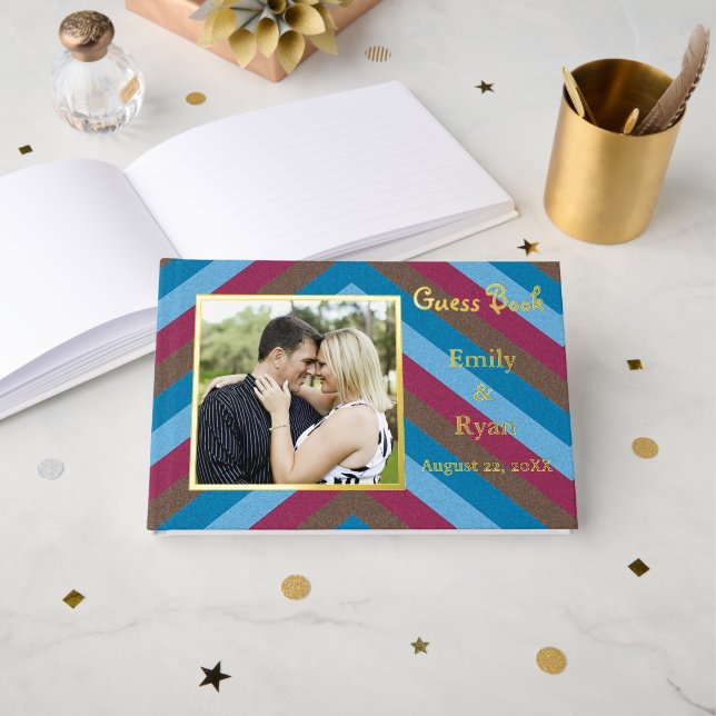 Custom Foto Let's Flamingle Gold Foil Striping Wed Gästebuch (Vorderseite Offen)