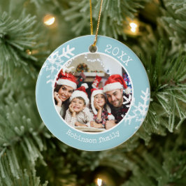 Custom Foto Light Blue Snowflake Keramik Ornament