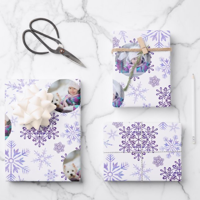 Custom Foto Lila Snowflakes Set 3 Geschenkpapier Set (Vorderseite)