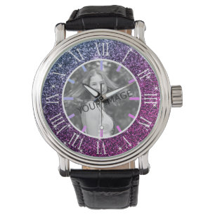 Custom Foto Luxus Rosa Lila Glam Glitzer Stars Armbanduhr