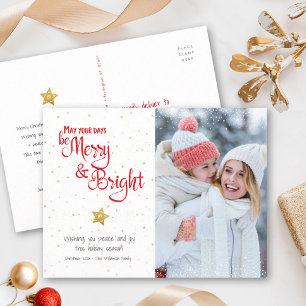 Custom Foto Merry Bright Script Gold Star Rustic Feiertagspostkarte