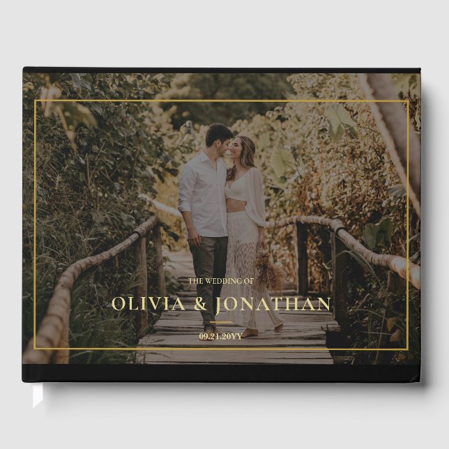 Custom Foto Minimal Black Gold Hochzeit Gästebuch (Vorderseite)