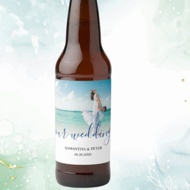 Custom Foto Modern Beach Hochzeit Bierflaschenetikett (Celebrate your special day with custom photo modern beach wedding beer bottle labels )