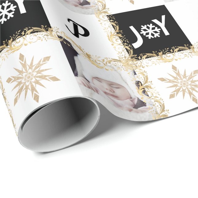 Custom Foto Monogram Gold & Black Christmas Joy  Geschenkpapier (Rolleneckpunkt)