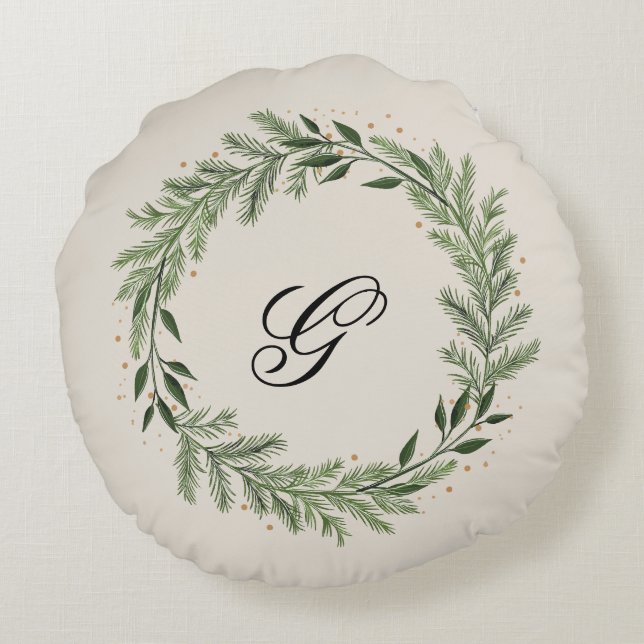 Custom Foto Monogram Pine Wreath Christmas Zuhause Rundes Kissen (Rückseite)