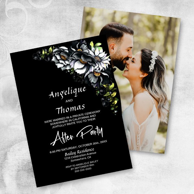 Custom Foto Moody Black Floral Hochzeitsempfang Einladung (Von Creator hochgeladen)