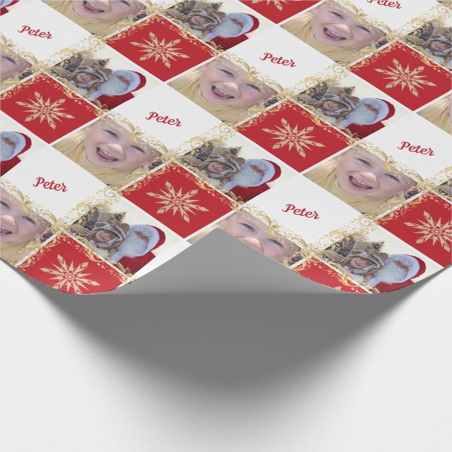 Custom Foto Name Gold & Red Christmas Snowflake Geschenkpapier (Ecke)