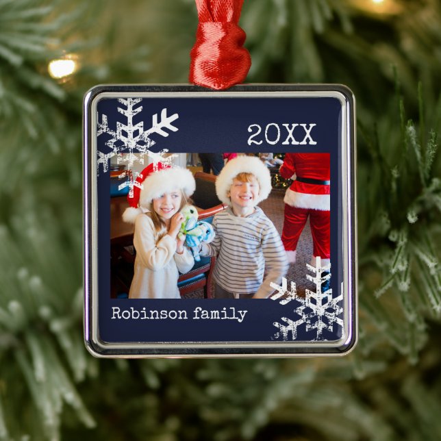 Custom Foto Navy Blue Ornament mit Schneeflocken Aus Metall (Baum)