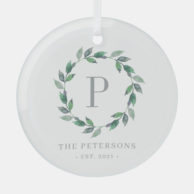 Custom Foto Ornament Delicate Wreath Monogram Aus Glas (Vorderseite)